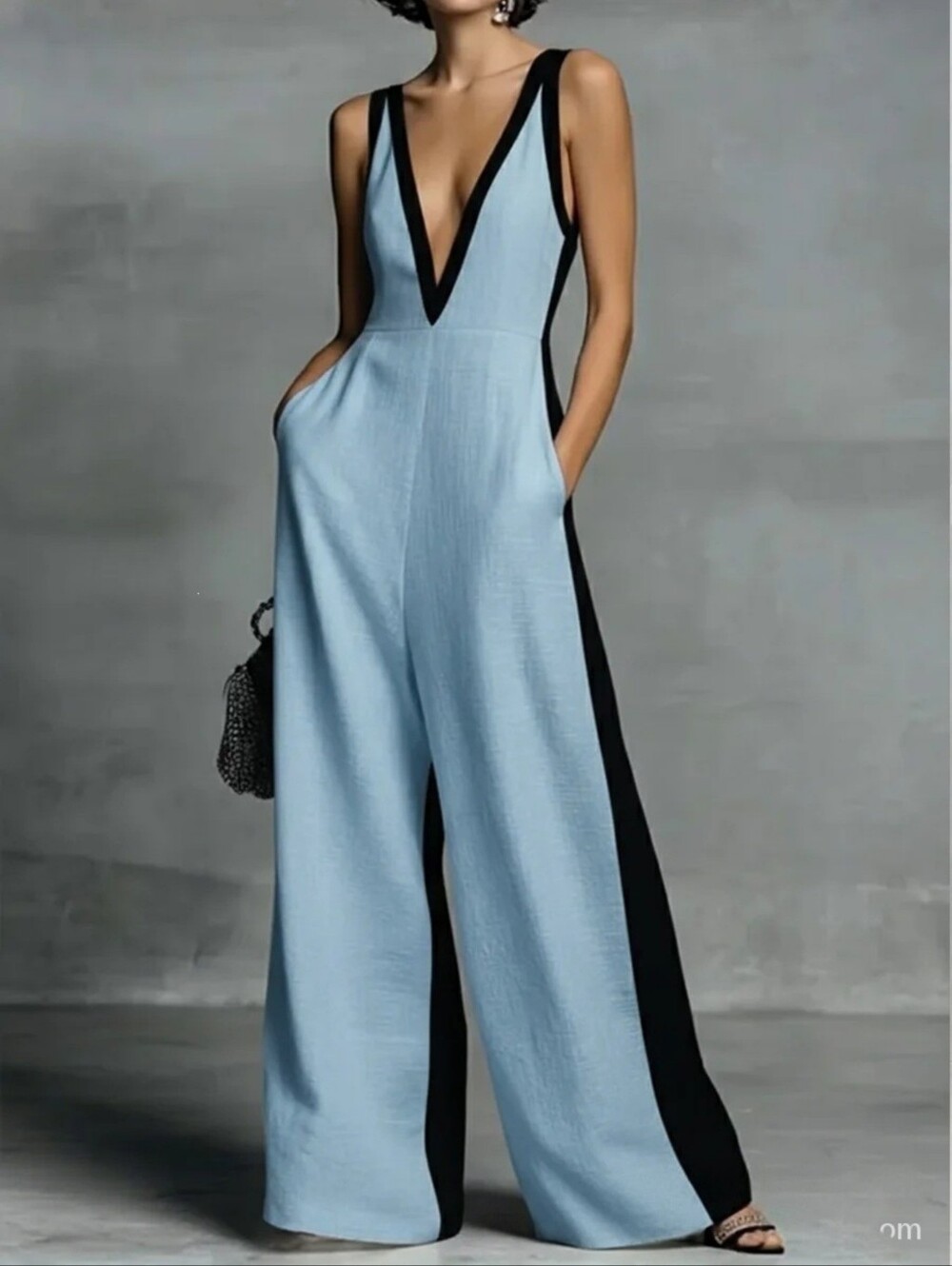 Sleeveless Blue & Black V-Neck Wide-Leg Jumpsuit
